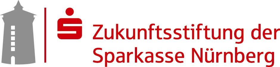 Logo der Zukunftsstiftung der Sparkasse Nürnberg, auf der linken Seite ein stilisiertes grauer Stadtmauerturm, das Sparkassenzeichen und der rote Schriftzug "Zukunftsstiftung der Sparkasse Nürnberg"