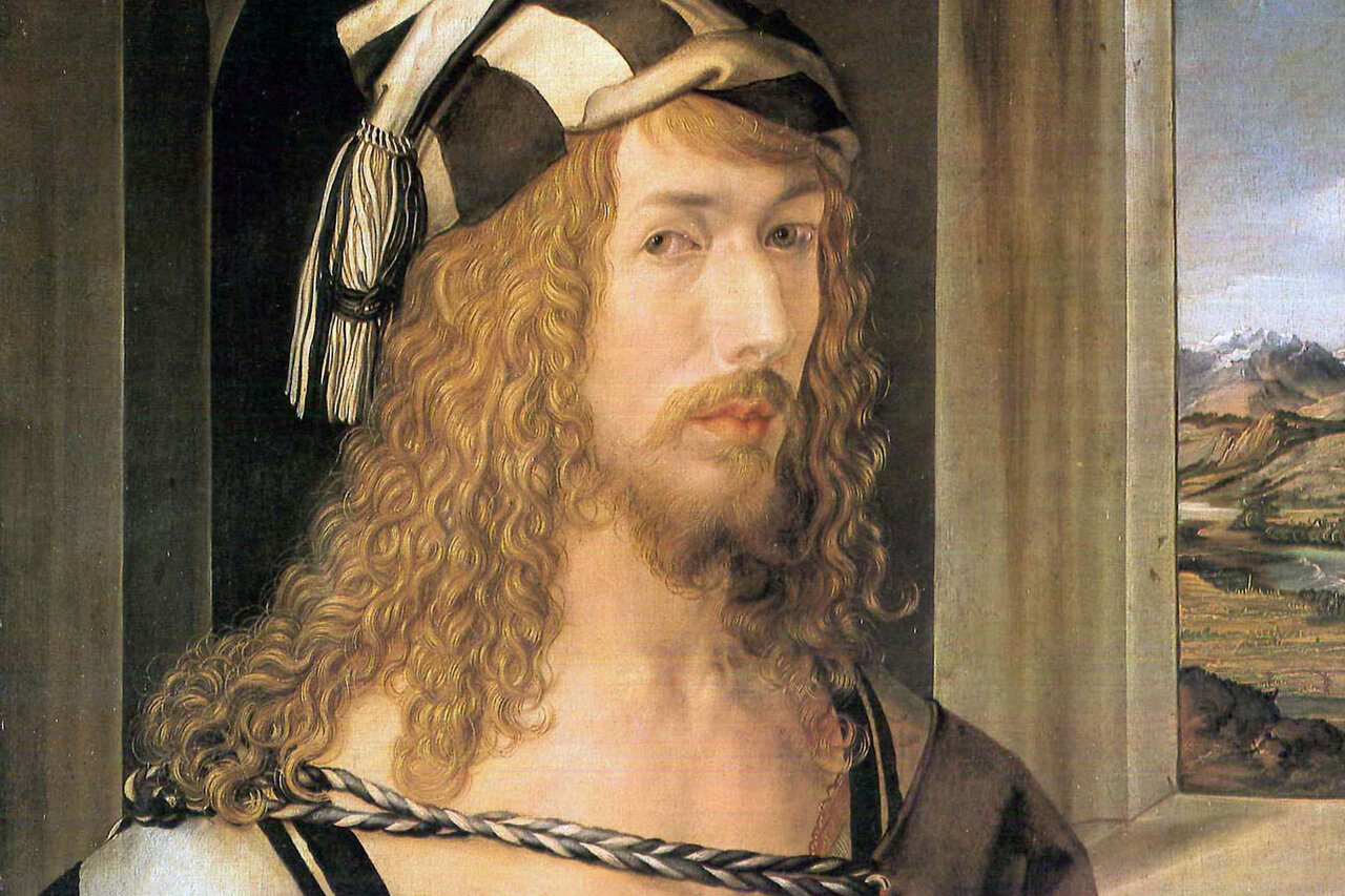 Gemälde von Albrecht Dürer mit Kopfbedeckung und langen blonden Locken