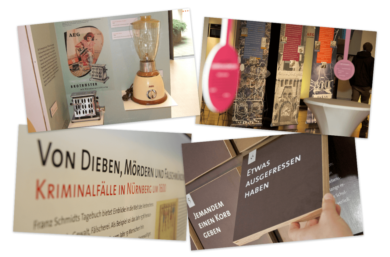 Collage mit vier Fotos von Ausstellungsdetails wie Objekte, Infotafeln und Büchern