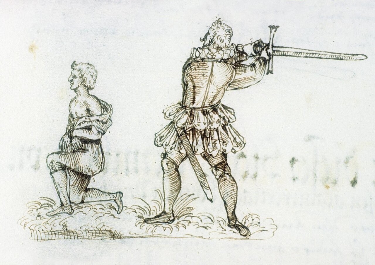 Historische Tuschezeichnung einer Exekution, links kniend der Delinquent, rechts stehend der Henker mit erhobenem Schwert