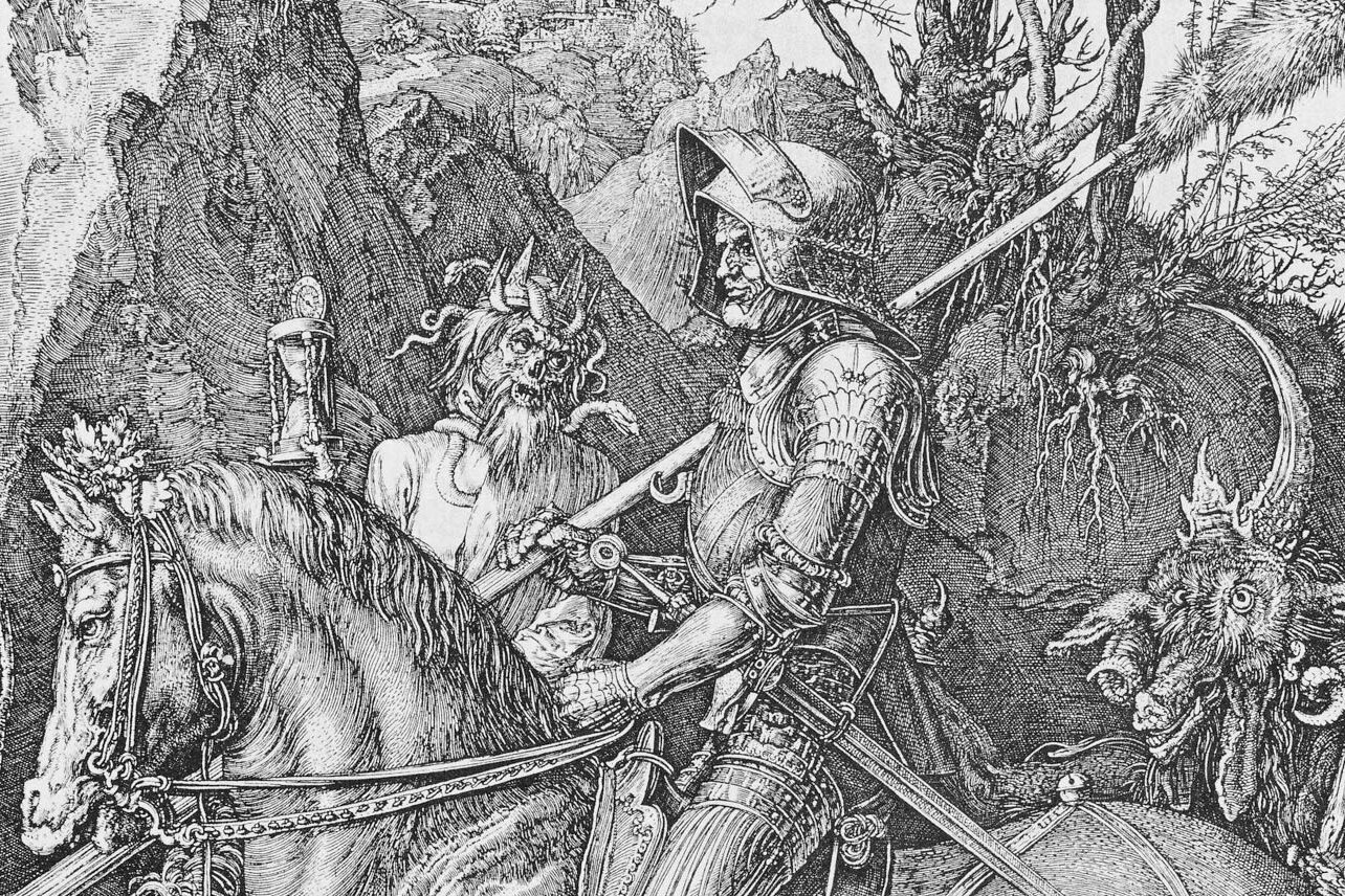 Stich von einem Ritter in Rüstung auf einem Pferd reitend, im Hintergrund teuflische Gestalten
