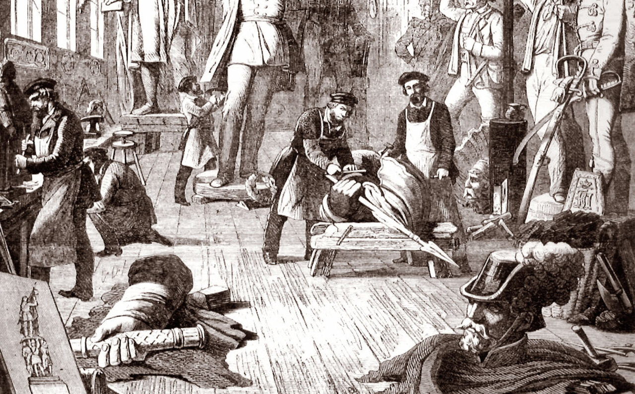 Historischer Stich von Arbeitern in einer Erzgießerei