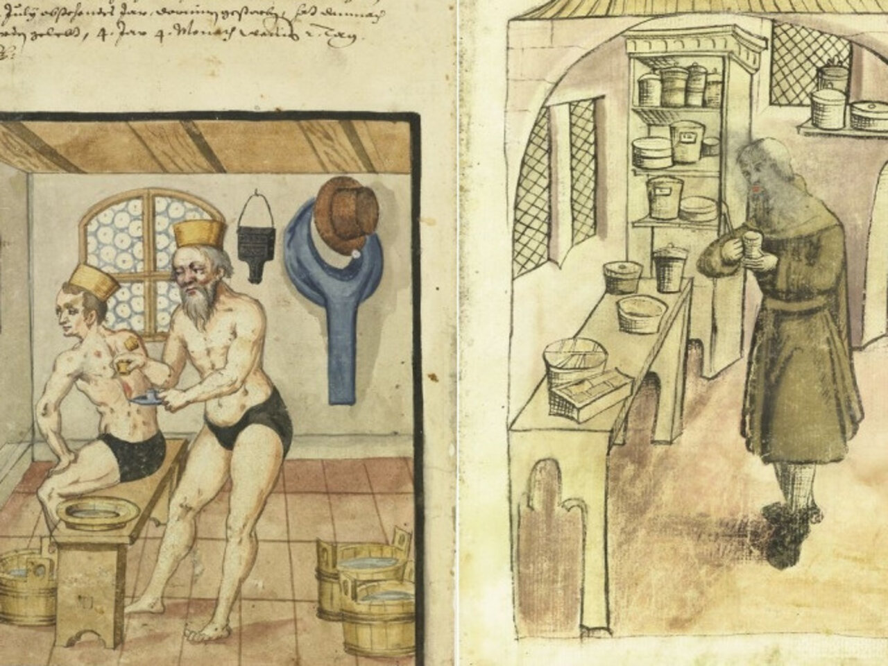 Historische Darstellungen von medizinischen Praktiken in einem kolorierten Buch, links wird einem Kranken von einem Mann mit Messer Gewebe aus dem Rücken entfernt, rechts steht ein Mann in einem Raum mit vielen Gefäßen mit Tinkturen
