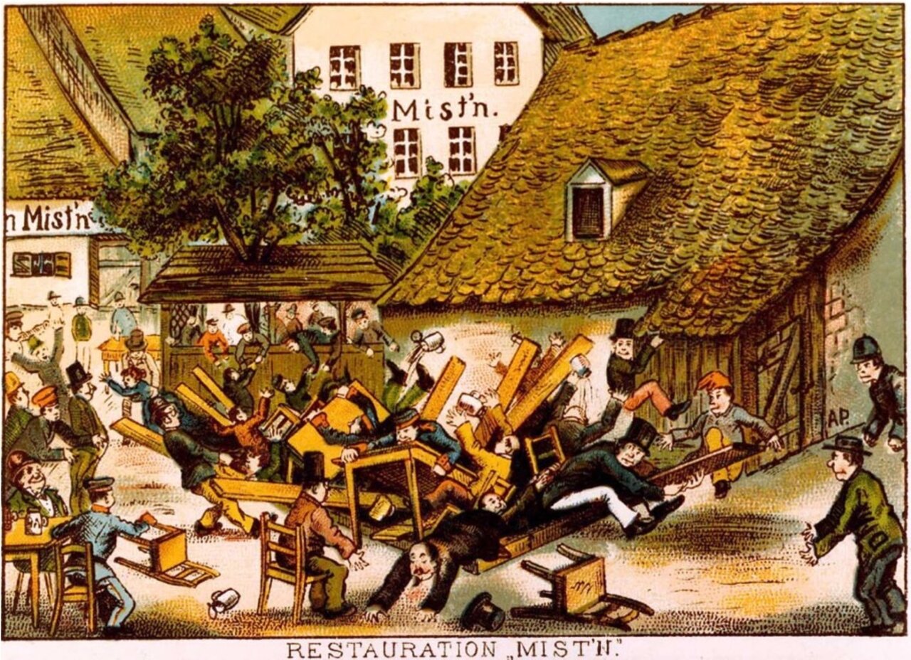 Kolorierte Postkarte, die eine Schlägerei vor einem Gasthaus zeigt, Aufschrift 'Restauration Misth'