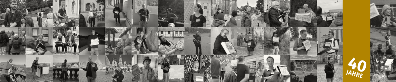 Collage mit Bildern von Rundgangsleitenden und goldenem 4o Jahre Banner