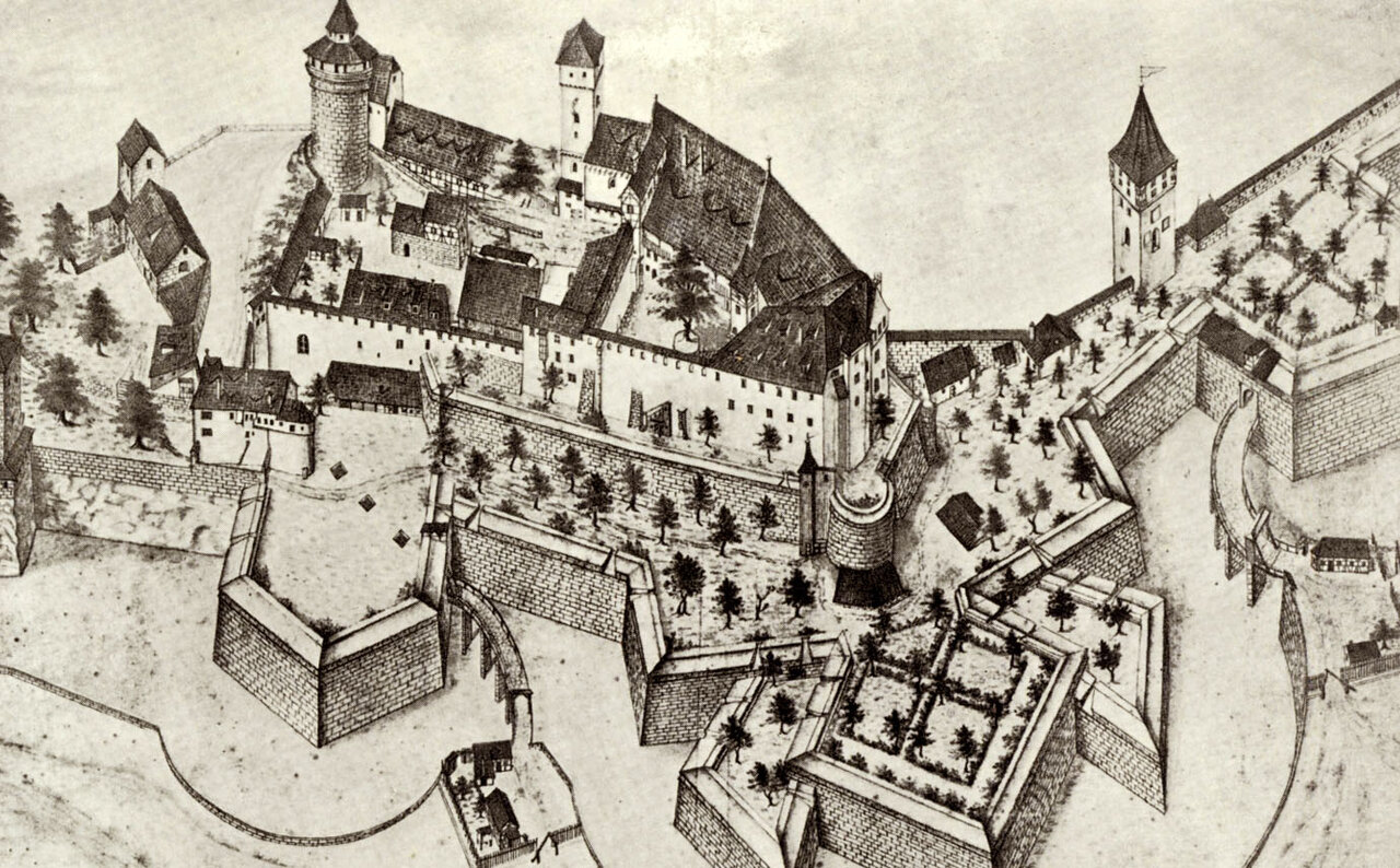 Historische Zeichnung einer Nürnberger Wehranlage