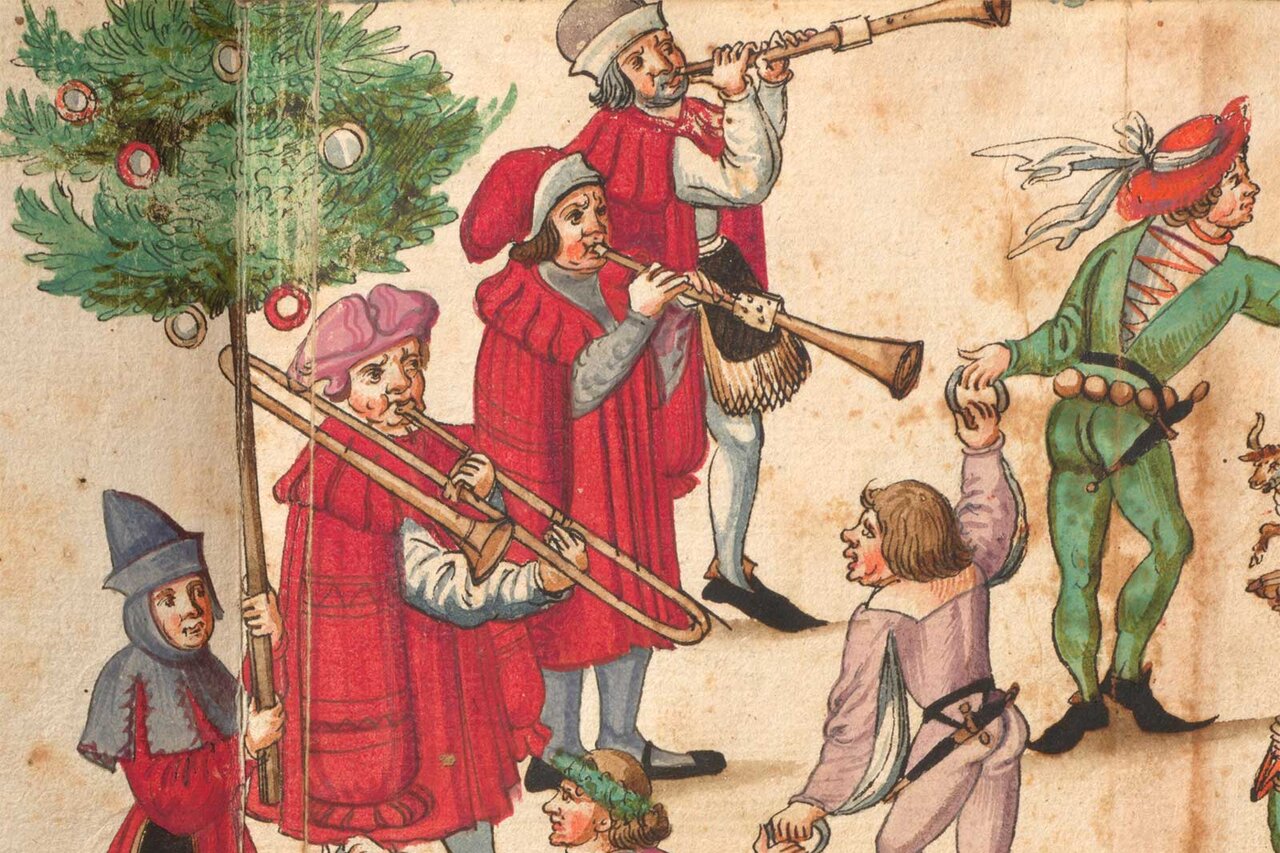 Kolorierte Zeichnung von drei Musikern mit Blasinstrumenten