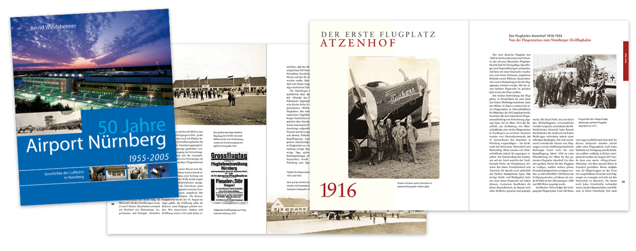 Cover und ausgewählte Seiten der Publikation '50 Jahre Airport Nürnberg'