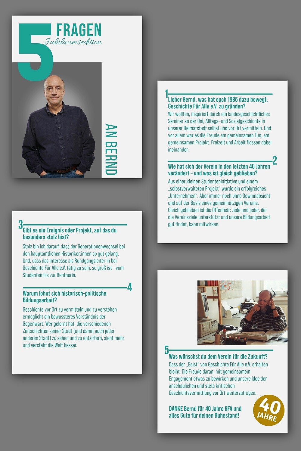 Unsere Social Media Reihe '5-Fragen-an' stellt engagierte Mitglieder aus verschiedenen Bereichen des Vereins vor. Vor einem grauen Hintergrund sind vier weiße Tafeln mit einem Interview des Formats '5 Fragen an' zu sehen