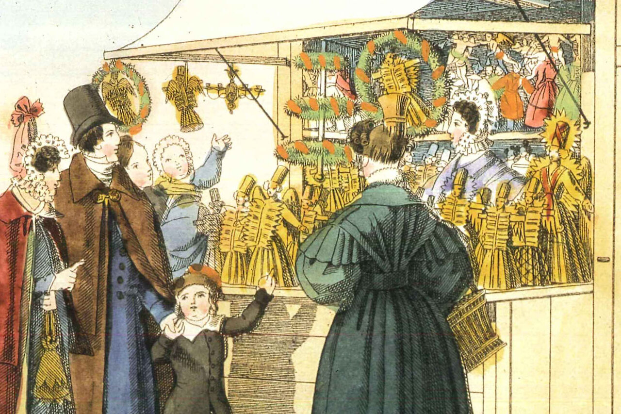 Kolorierter Stich von einer Familie mit kleinen Kindern vor einem Stand auf dem Christkindlesmarkt