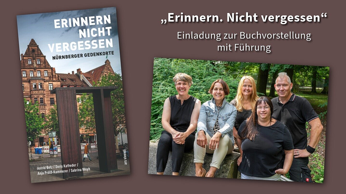 Eine Collage vor braunem Hintergrund zeigt links ein Buchcover und rechts das Gruppenfoto der vier Autor:innen, darüber steht der Titel der Veranstaltung "Einladung zur Buchvorstellung mit Führung"
