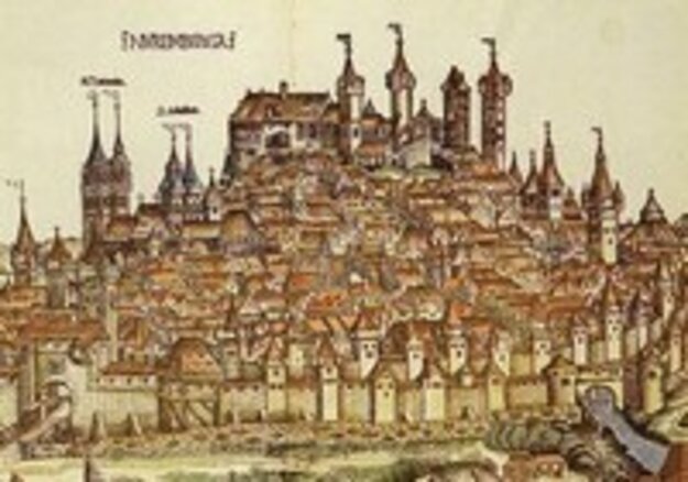 Incisione colorata di una veduta storica della città di Norimberga con castello, torri di difesa, mura cittadine ed edifici residenziali
