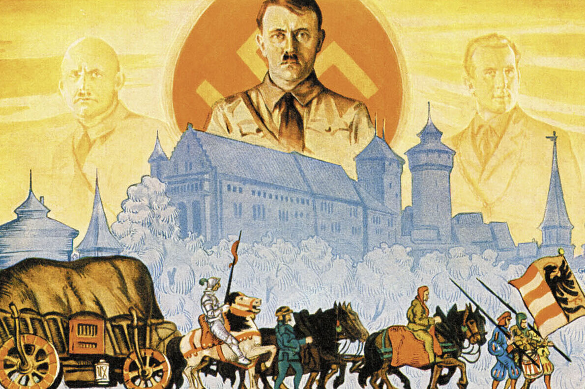 Propagandaplakat mit Hitler, Hakenkreuz, der Nürnberger Kaiserburg und einem Tross aus Menschen mit Pferden und Karren