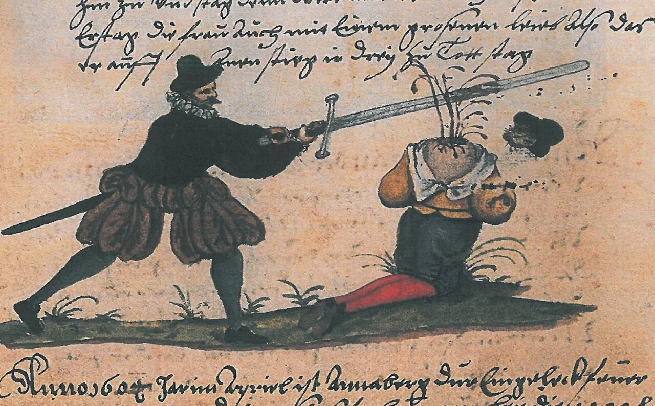 Historische Darstellung von einer Enthauptung durch das Schwert in einem kolorierten Buch, oben und unten historische Schrift