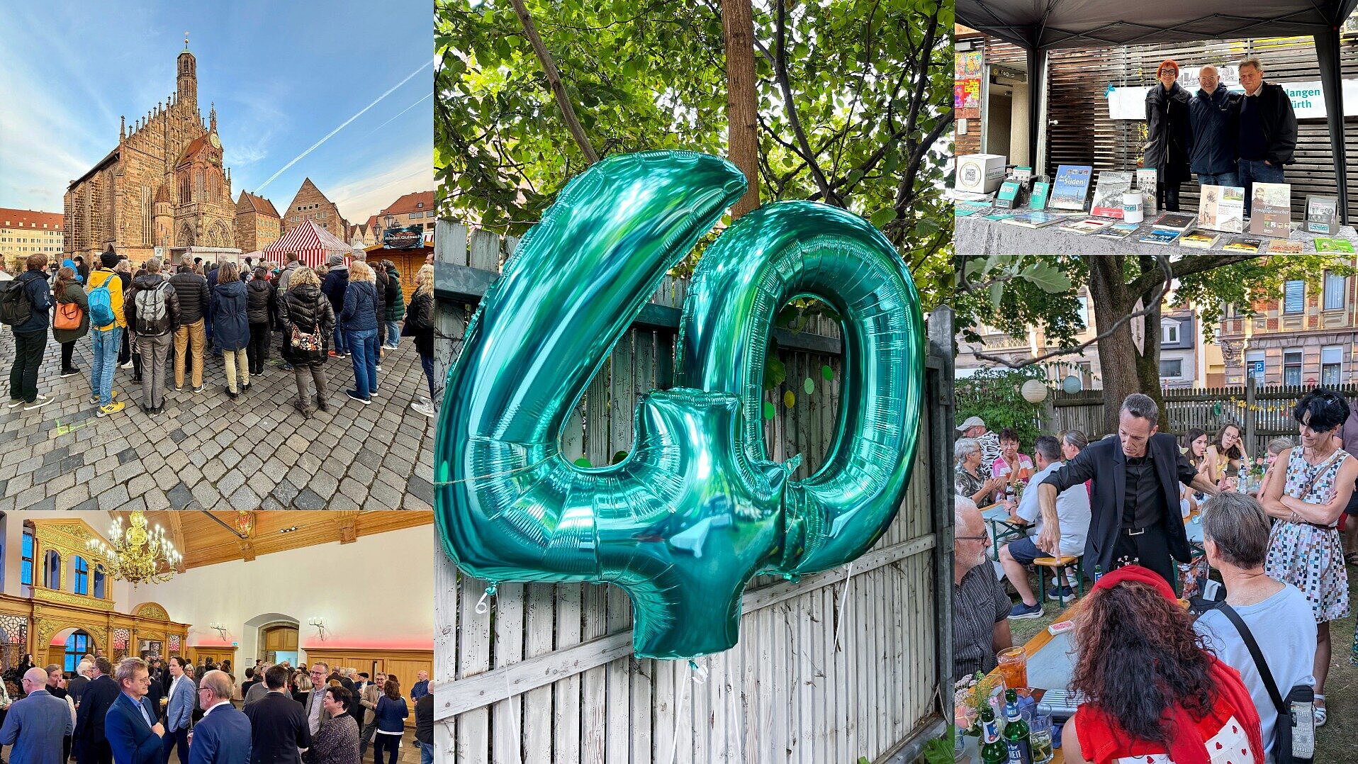 Die Collage zeigt fünf Bilder aus dem Jubiläumsjahr, Mittig eine Luftballon 40, links oben eine Gruppe bei einem kostenlosen Rundgang vor der Frauenkirche, links unten Empfang im historischen Rathaussaal, rechts oben Infostand und rechts unten der Zauberer beim Sommerfest.