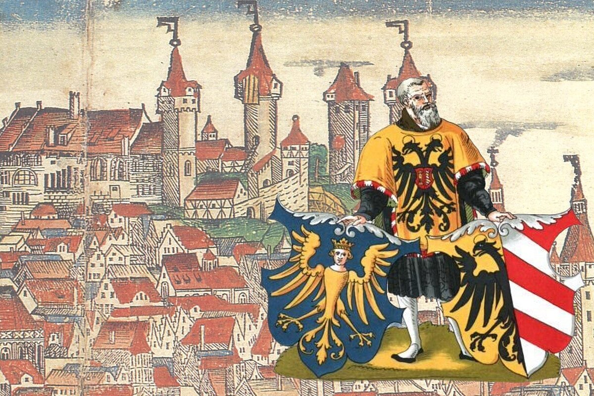 Kolorierte historische Stadtansicht von Nürnberg mit der Kaiserburg im Hintergrund und koloriertes Selbstbildnis eines Herolds mit den Nürnberger Stadtwappen im Vordergrund 