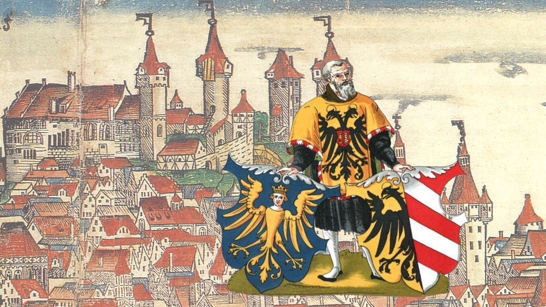 Kolorierte historische Stadtansicht von Nürnberg mit der Kaiserburg im Hintergrund und koloriertes Selbstbildnis eines Herolds mit den Nürnberger Stadtwappen im Vordergrund. 