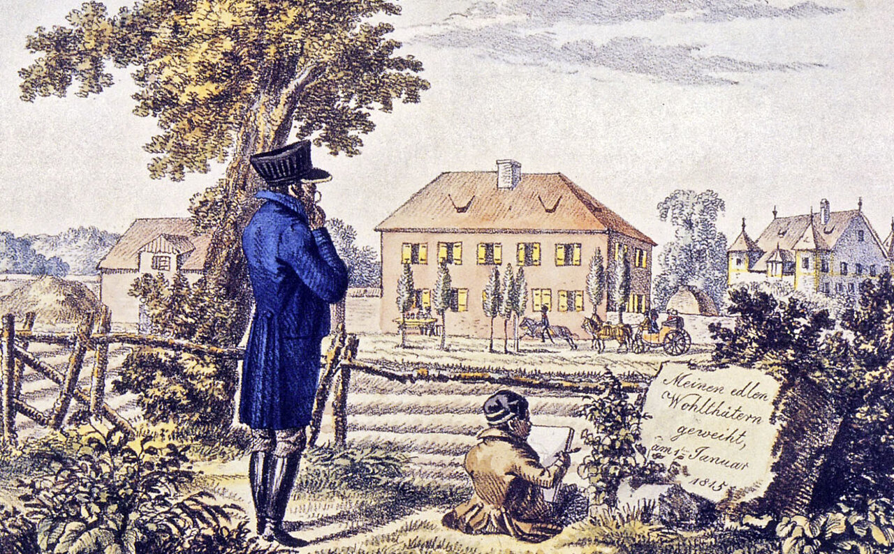 Kolorierter Stich, im Zentrum Mann mit blauem Gehrock und Zylinder, im Hintergrund mehrere große Häuser, rechts ein Junge, der mit einer Schreibtafel am Boden sitzt