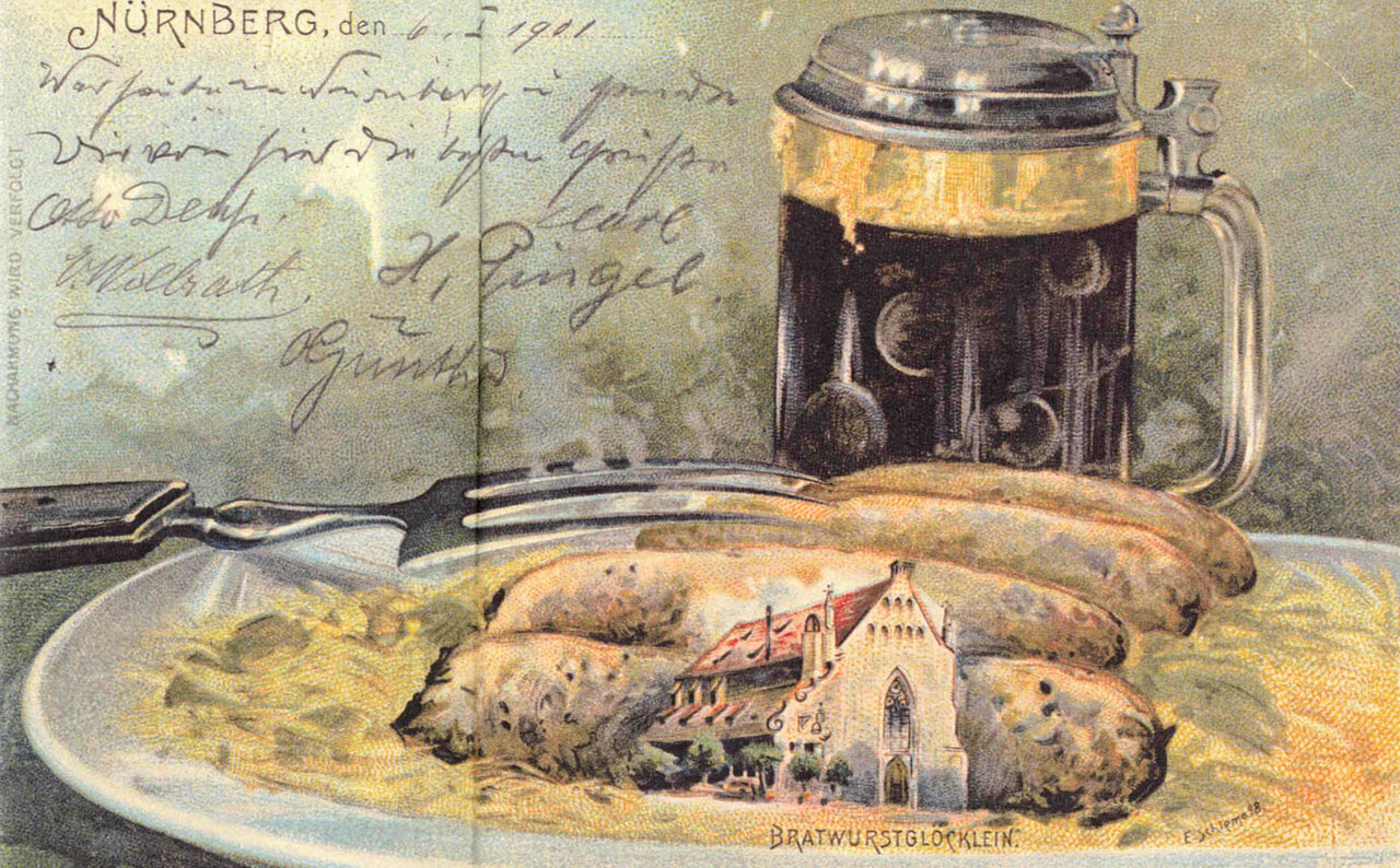 Kolorierte historische Postkarte mit Bratwurst und Bier