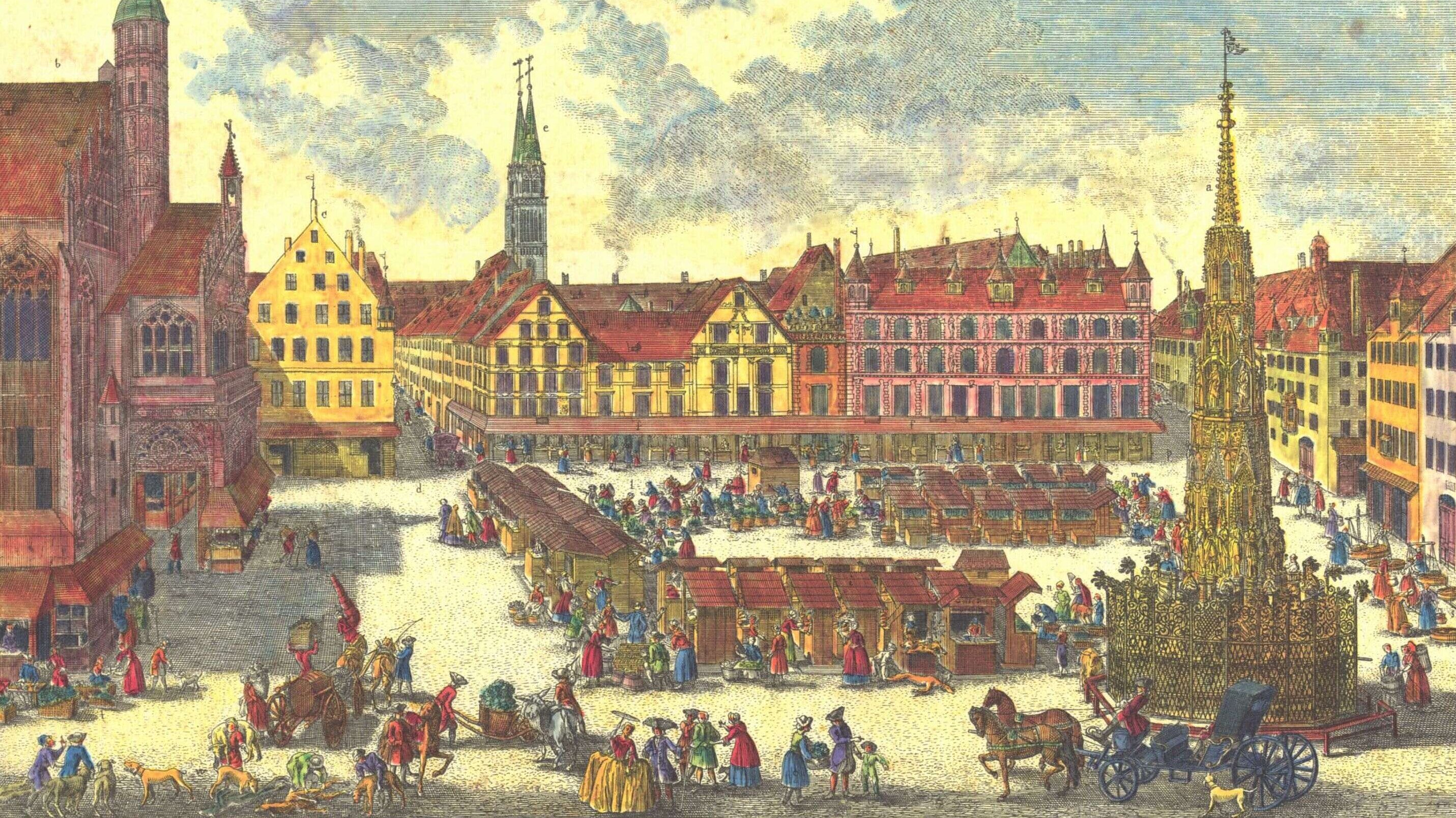 Johann Adam Delsenbach, Hauptmarkt, Nürnberg Innenstadt, schöner Brunnen