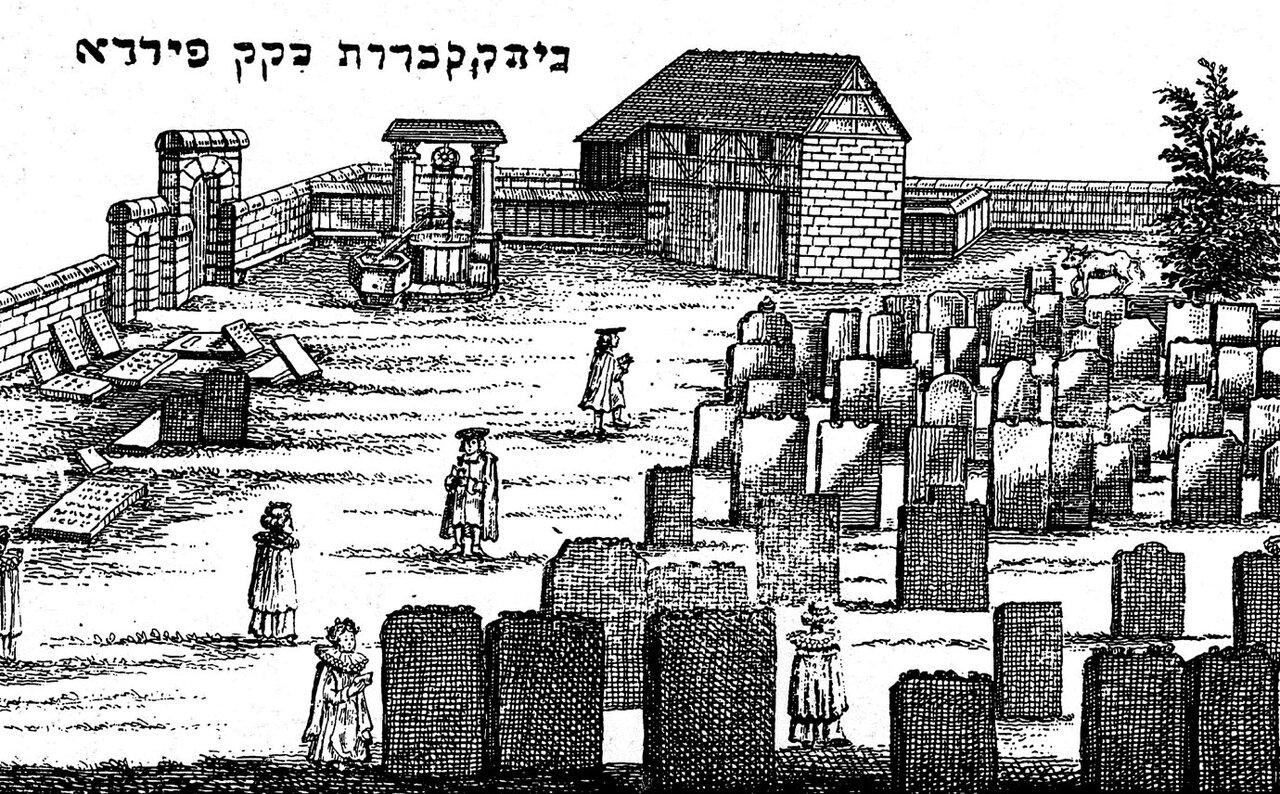 Kupferstich mit der Ansicht des Israelischen Friedhofs und hebräischen Schriftzeichen