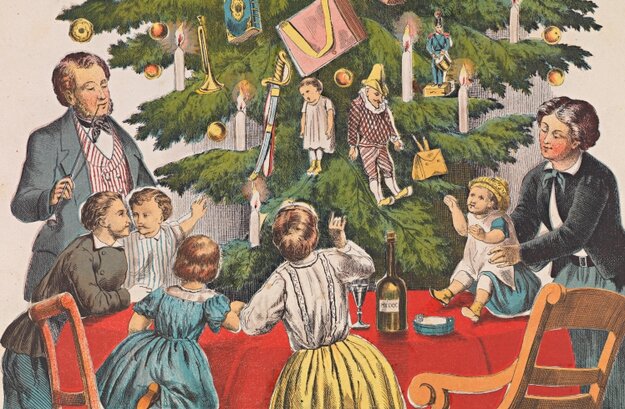 colored engraving of a large family around a dining table in front of the decorated Christmas tree