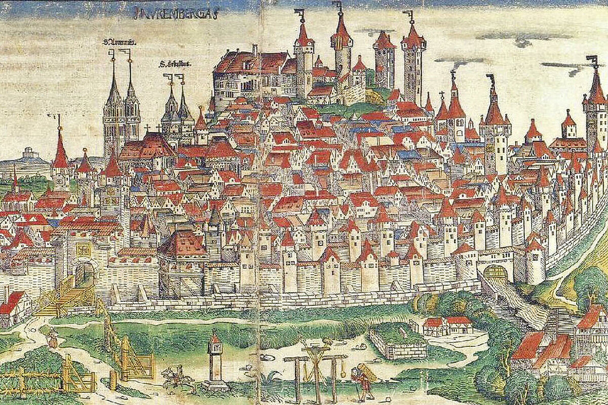 Kolorierte historische Stadtansicht von Nürnberg