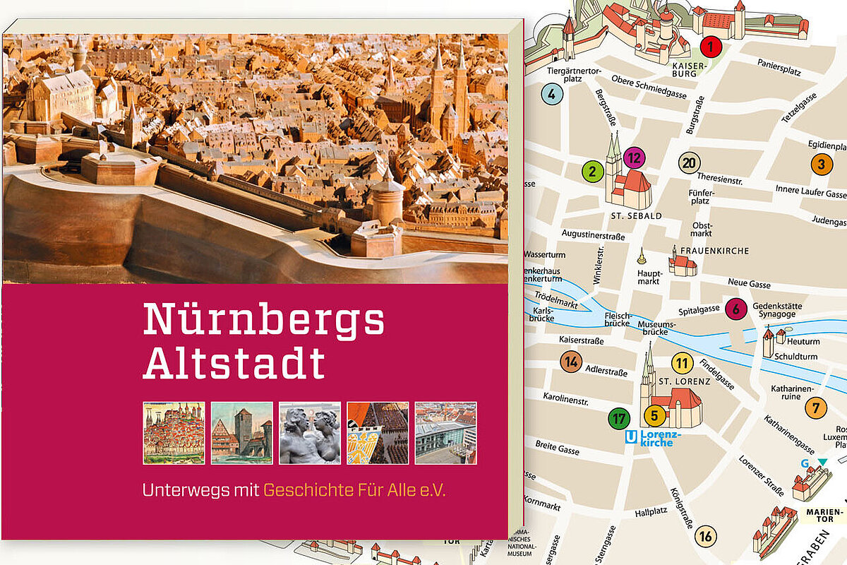 Eine Collage mit dem roten Cover der Publikation 'Nürnbergs Altstadt' samt Foto eines hölzernen Stadtmodells, im Hintergrund ein stilisierter moderner Stadtplan