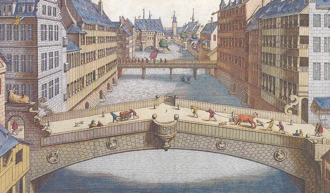 Kolorierter Stich von der Pegnitz und mehreren Brücken, flankiert von den Gebäuden der Nürnberger Altstadt