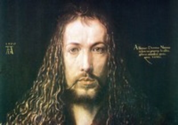 Il famoso autoritratto di Albrecht Dürer con lunghi capelli ricci su sfondo nero