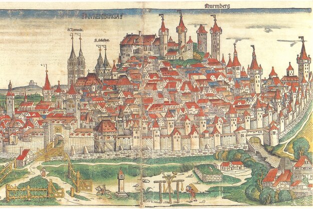 Vue de la ville de Nuremberg tirée de la Chronique de Nuremberg (Schedelsche Weltchronik) de 1493.