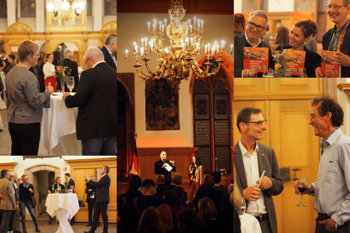 Collage mit fünf Bildern die Mitglieder des Vereins beim Empfang im Historischen Rathaus Nürnberg zeigen