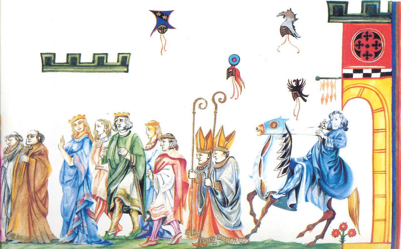 Kolorierte historische Darstellung von Kaiser Heinrich und Kunigunde mit Gefolge
