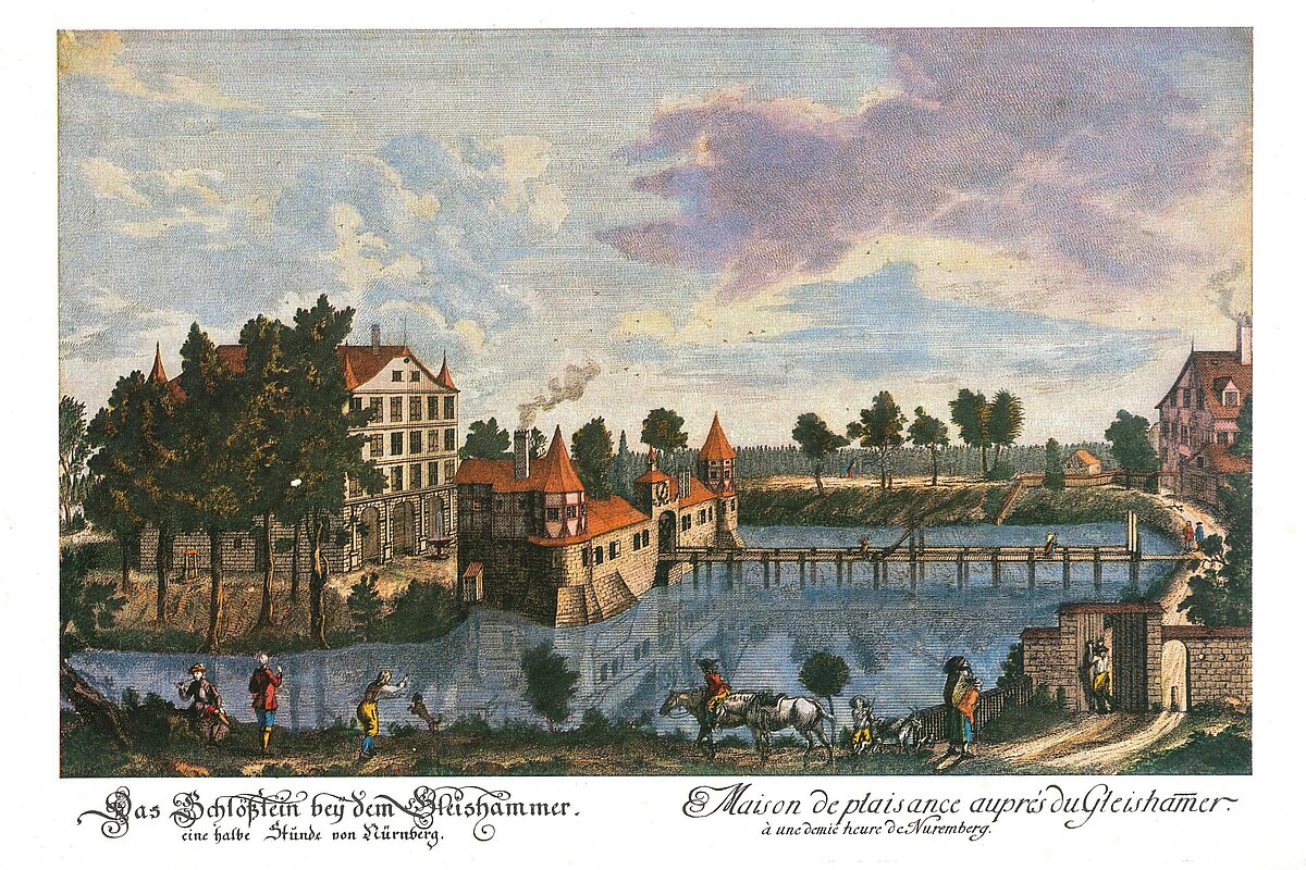 Kolorierter Kupferstich vom Zeltnerschloss, um 1716