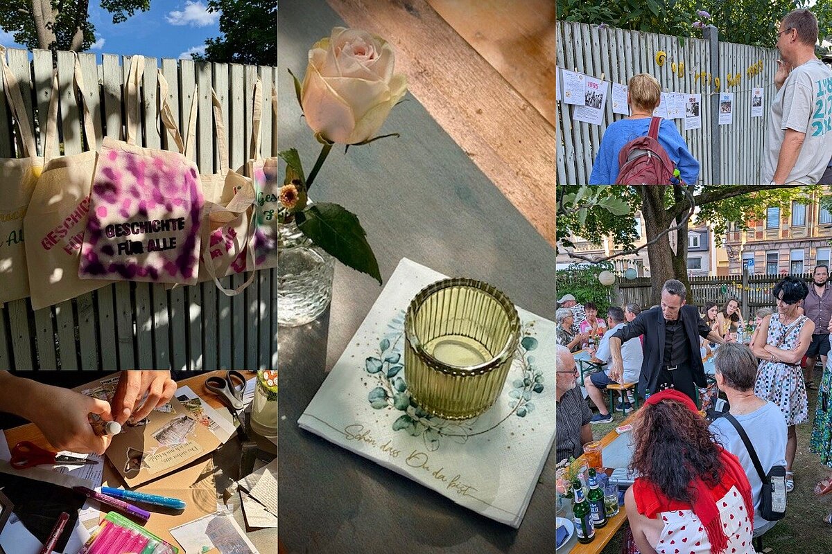 Impressionen vom Jubiläumssommerfest 2025. Collage mit Sommerfest-Impressionen, von den Kreativstationen über die Tischdeko bis hin zur Zauber-Show an den Tischen