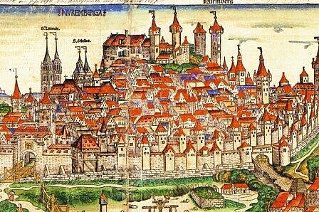 Gravure en couleur d'une vue historique de la ville de Nuremberg avec château, tours de défense et bâtiments résidentiels