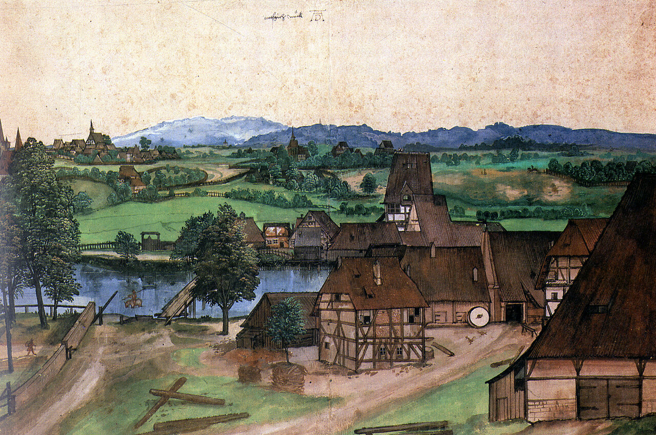 Aquarell von Fachwerkhäusern an einem Gewässer umgeben von grünen Hügeln